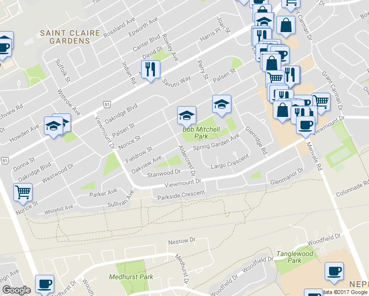 map of restaurants, bars, coffee shops, grocery stores, and more near 29 Aldercrest Drive in Ottawa