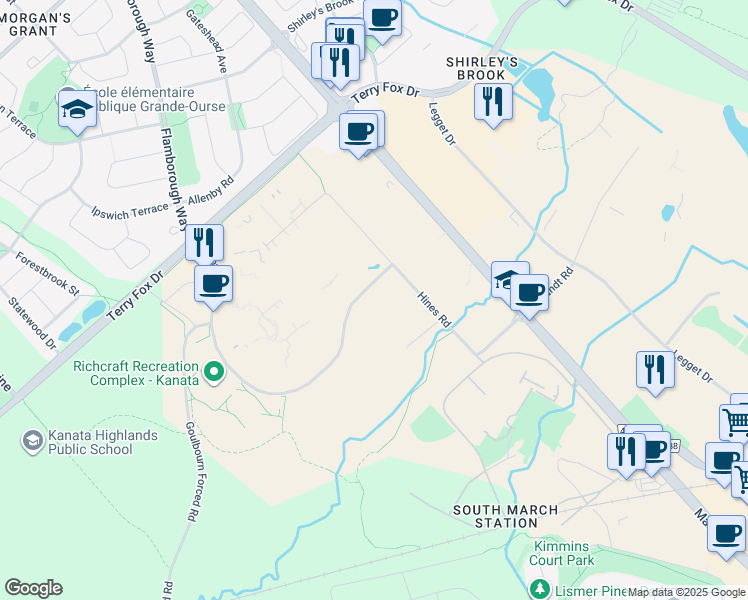 map of restaurants, bars, coffee shops, grocery stores, and more near 1145 Innovation Drive in Ottawa