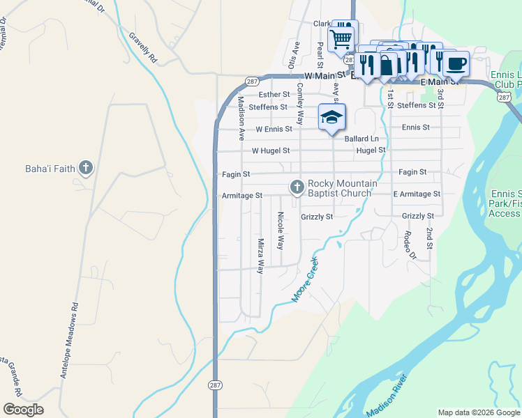map of restaurants, bars, coffee shops, grocery stores, and more near 601-709 Mirza Way in Ennis