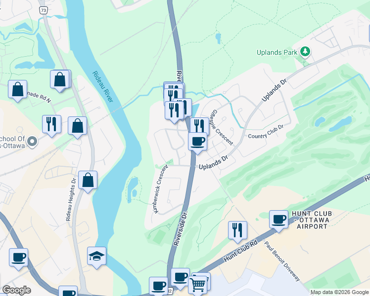 map of restaurants, bars, coffee shops, grocery stores, and more near 3835 Crowsnest Avenue in Ottawa