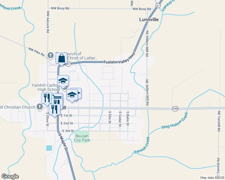 map of restaurants, bars, coffee shops, grocery stores, and more near 325 North Elm Street in Yamhill