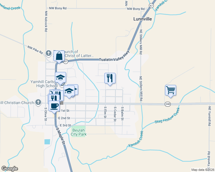 map of restaurants, bars, coffee shops, grocery stores, and more near 325 North Elm Street in Yamhill