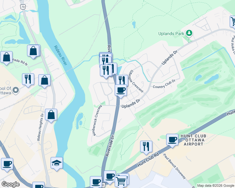 map of restaurants, bars, coffee shops, grocery stores, and more near Riverside Drive in Ottawa