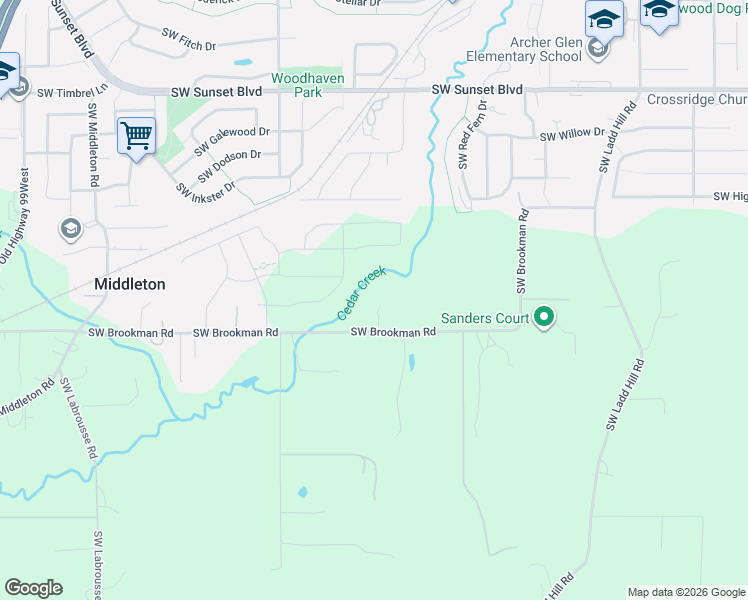 map of restaurants, bars, coffee shops, grocery stores, and more near 17117 Southwest Brookman Road in Sherwood