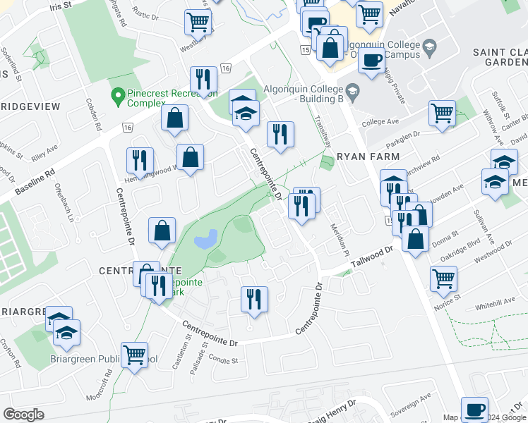 map of restaurants, bars, coffee shops, grocery stores, and more near 369 Paseo Private in Ottawa