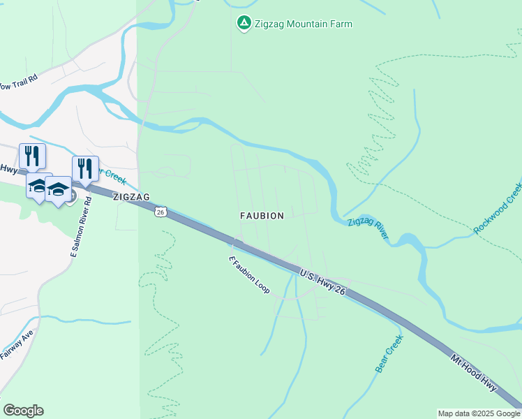 map of restaurants, bars, coffee shops, grocery stores, and more near 24945 East Old Smokey Road in Rhododendron