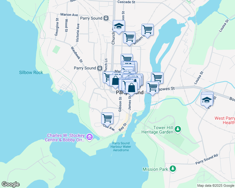 map of restaurants, bars, coffee shops, grocery stores, and more near 54 Seguin Street in Parry Sound