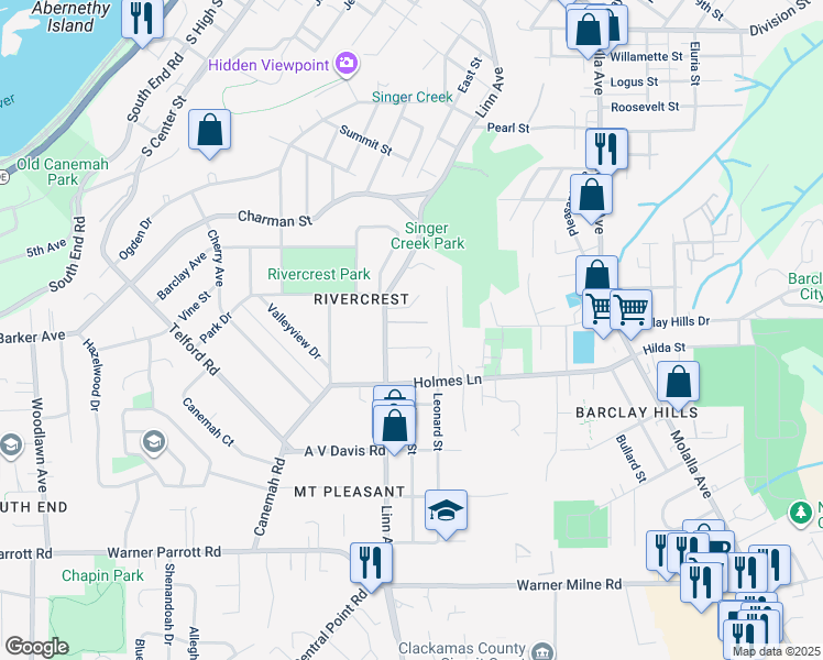 map of restaurants, bars, coffee shops, grocery stores, and more near 827 Linn Avenue in Oregon City