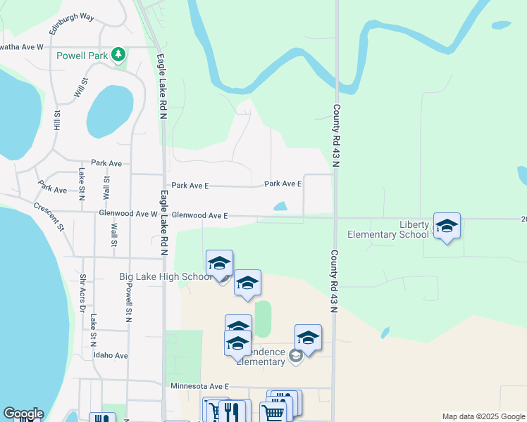 map of restaurants, bars, coffee shops, grocery stores, and more near 621 Glenwood Avenue East in Big Lake