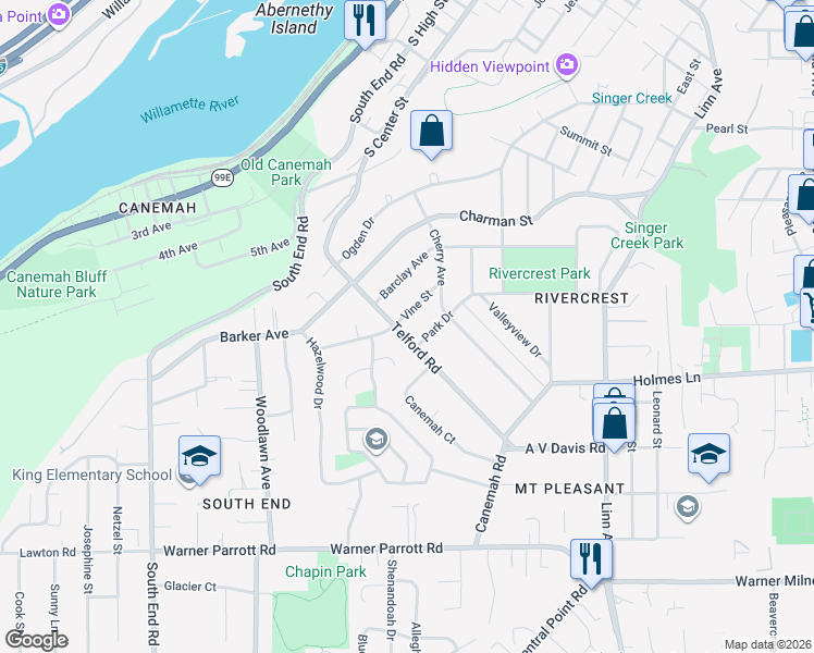 map of restaurants, bars, coffee shops, grocery stores, and more near 306 Vine Street in Oregon City