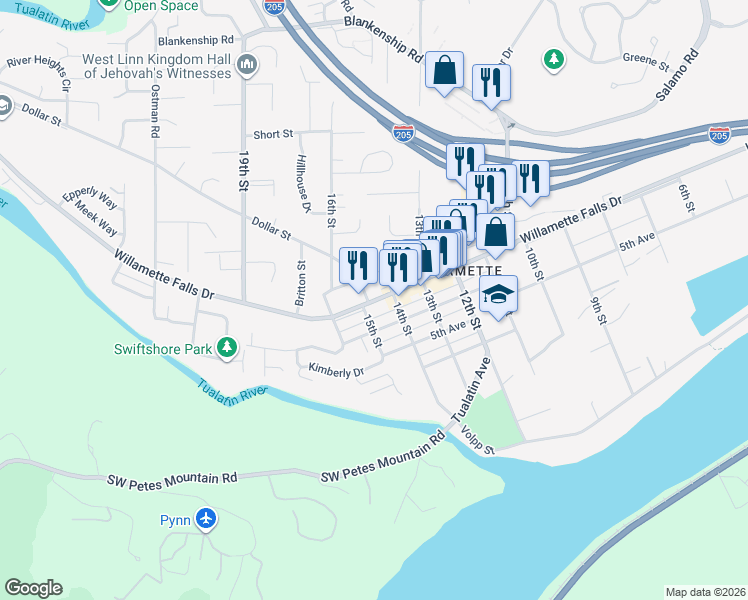 map of restaurants, bars, coffee shops, grocery stores, and more near 1612 Willamette Falls Drive in West Linn