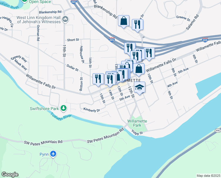 map of restaurants, bars, coffee shops, grocery stores, and more near in West Linn
