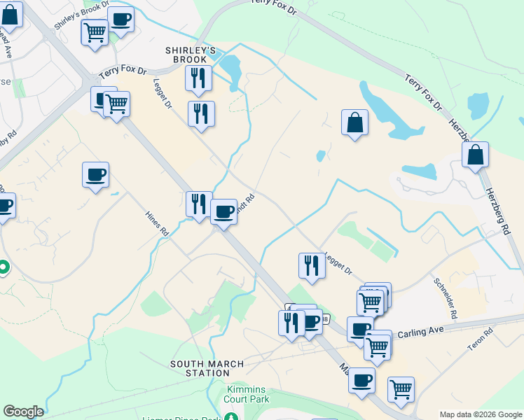 map of restaurants, bars, coffee shops, grocery stores, and more near 3000 Solandt Road in Ottawa