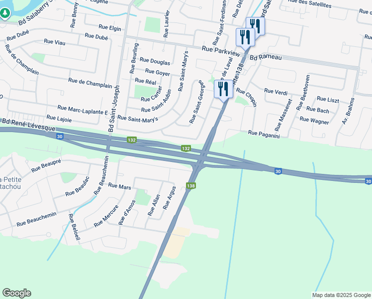 map of restaurants, bars, coffee shops, grocery stores, and more near 1000 Boulevard René-Lévesque in Châteauguay