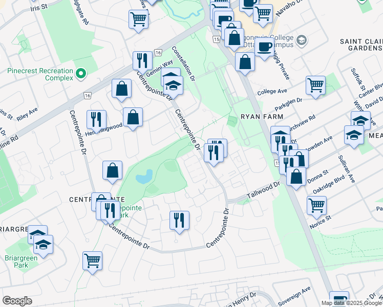 map of restaurants, bars, coffee shops, grocery stores, and more near 385 Paseo Private in Ottawa