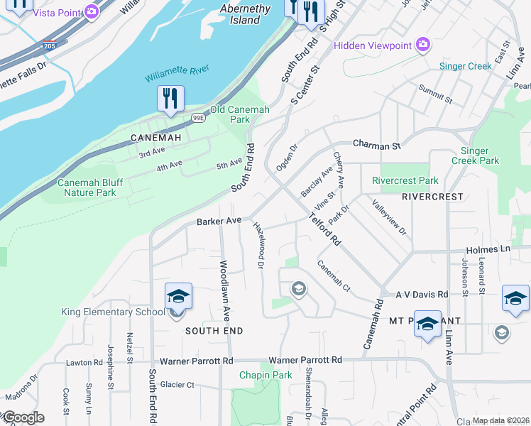 map of restaurants, bars, coffee shops, grocery stores, and more near 426 Barker Avenue in Oregon City