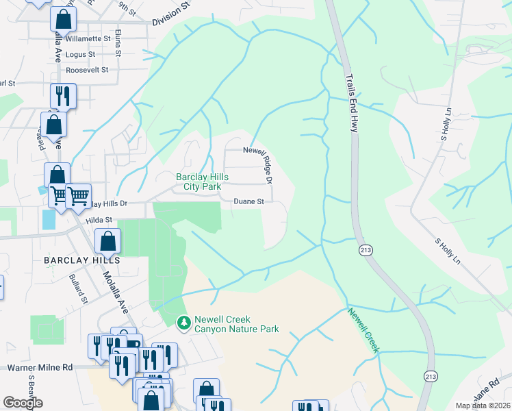 map of restaurants, bars, coffee shops, grocery stores, and more near 13616 Duane Street in Oregon City