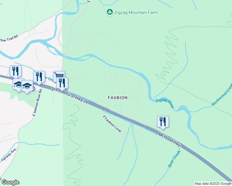 map of restaurants, bars, coffee shops, grocery stores, and more near 24945 East Old Smokey Road in Rhododendron