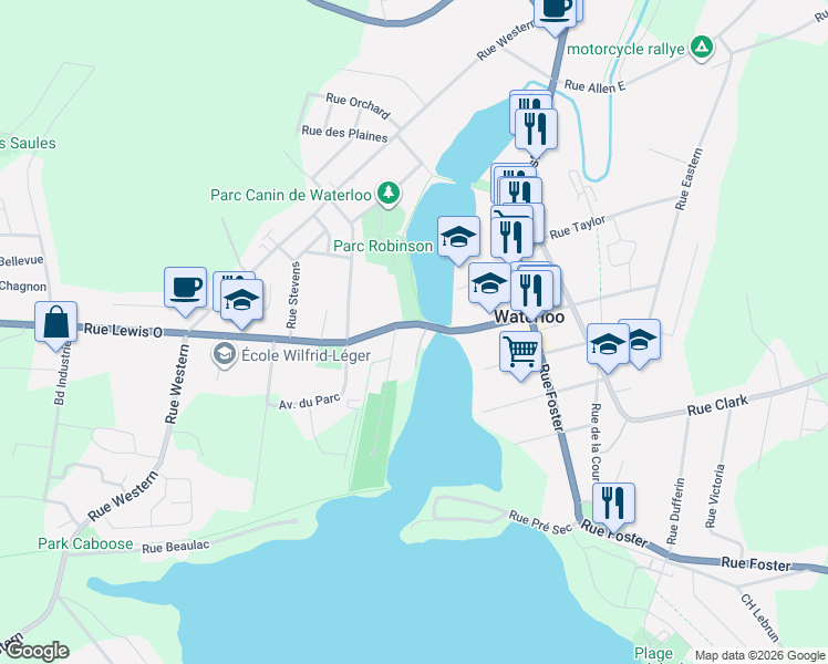 map of restaurants, bars, coffee shops, grocery stores, and more near 91 Rue Lewis Ouest in Waterloo