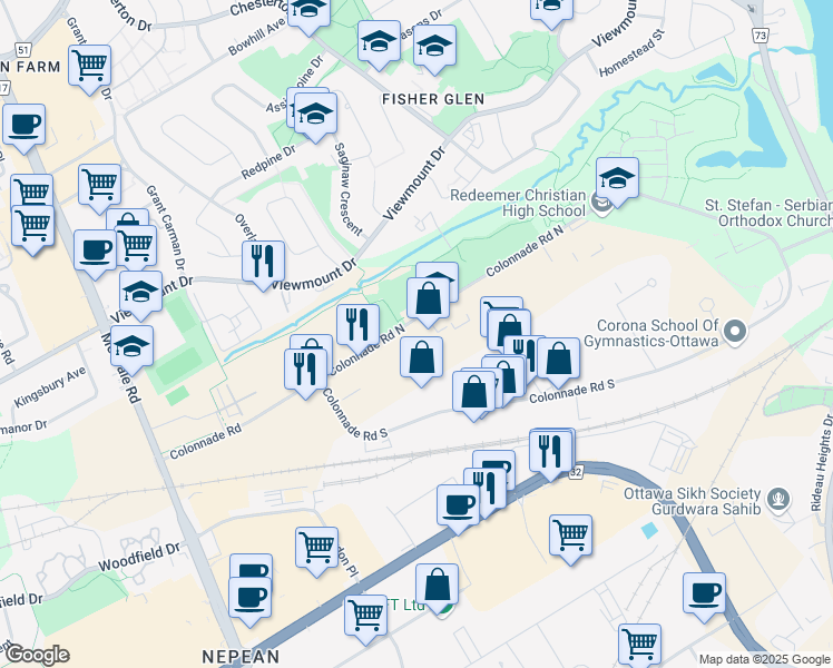 map of restaurants, bars, coffee shops, grocery stores, and more near 40 Colonnade Road in Ottawa