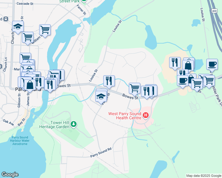 map of restaurants, bars, coffee shops, grocery stores, and more near 48 Bowes Street in Parry Sound