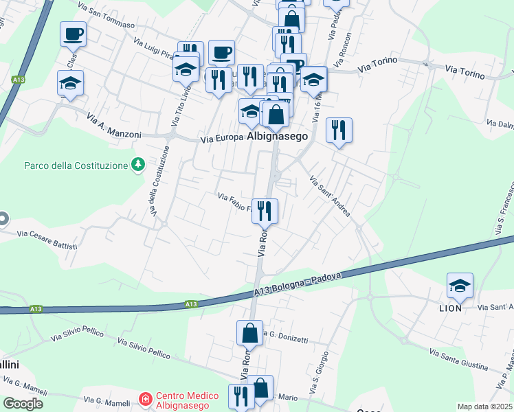 map of restaurants, bars, coffee shops, grocery stores, and more near 2 Via Fabio Filzi in Albignasego