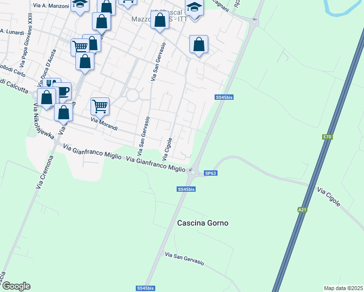 map of restaurants, bars, coffee shops, grocery stores, and more near 13 Via L. Einaudi in Manerbio