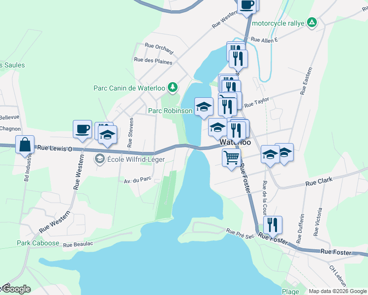 map of restaurants, bars, coffee shops, grocery stores, and more near 91 Rue Lewis Ouest in Waterloo