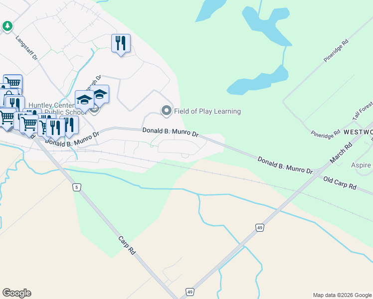 map of restaurants, bars, coffee shops, grocery stores, and more near 640 Meadowridge Circle in Ottawa
