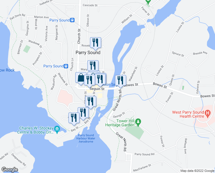 map of restaurants, bars, coffee shops, grocery stores, and more near 5 Seguin Street in Parry Sound