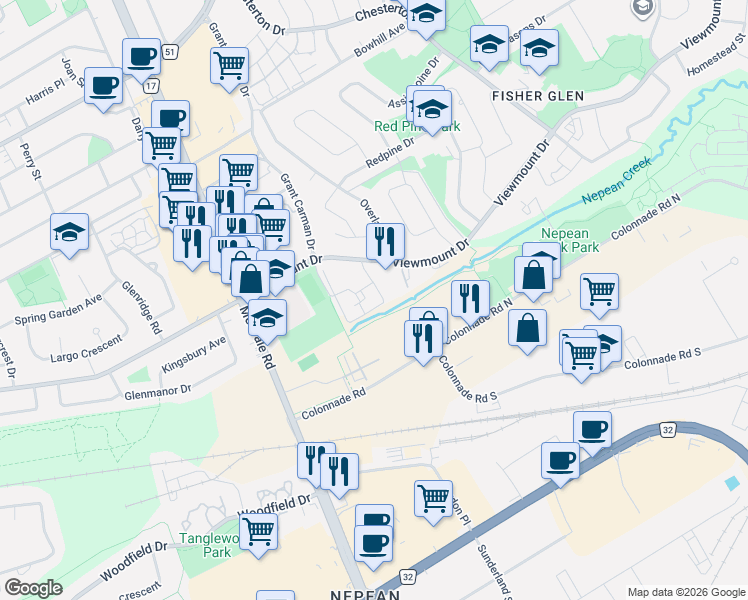 map of restaurants, bars, coffee shops, grocery stores, and more near 216 Viewmount Drive in Ottawa