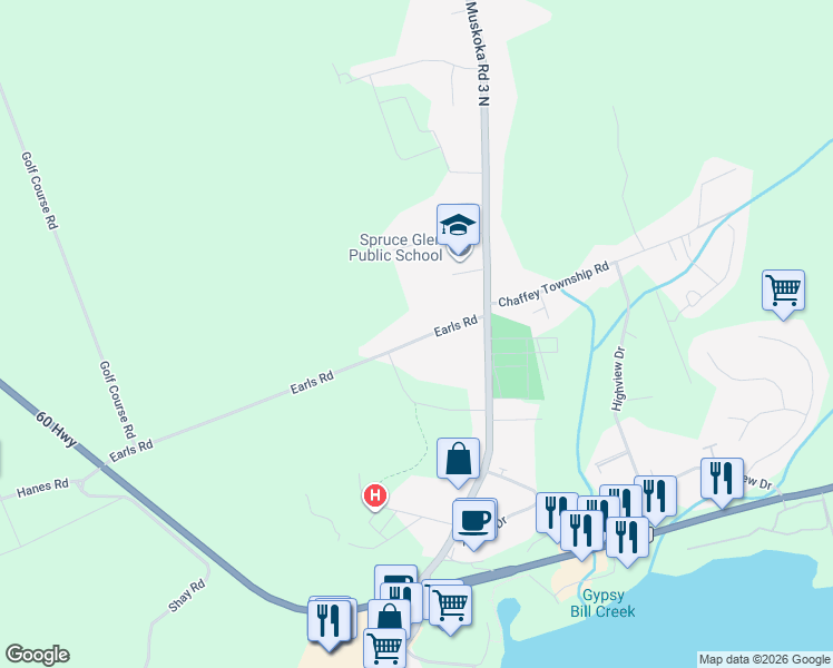 map of restaurants, bars, coffee shops, grocery stores, and more near 60 Earls Road in Huntsville