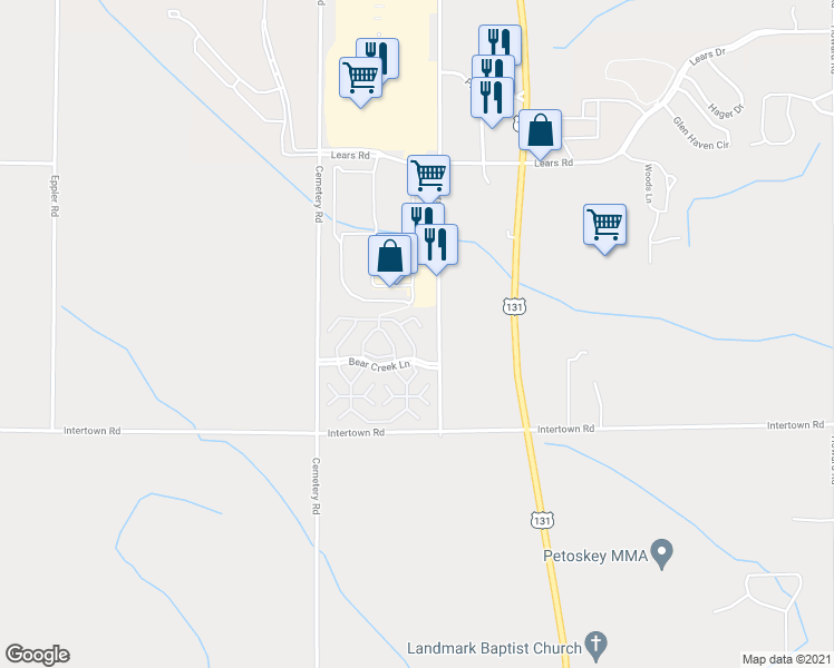 map of restaurants, bars, coffee shops, grocery stores, and more near 1572 Bear Creek Lane in Petoskey
