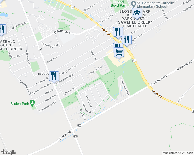 map of restaurants, bars, coffee shops, grocery stores, and more near 3194 Stockton Drive in Ottawa