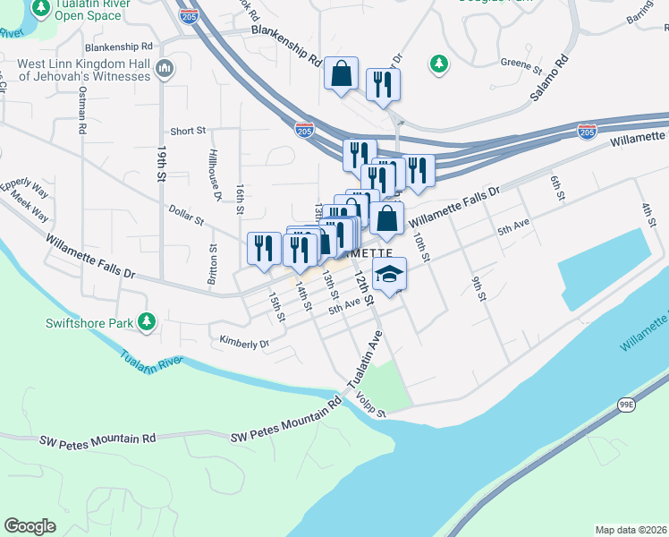 map of restaurants, bars, coffee shops, grocery stores, and more near 1818 6th Avenue in West Linn