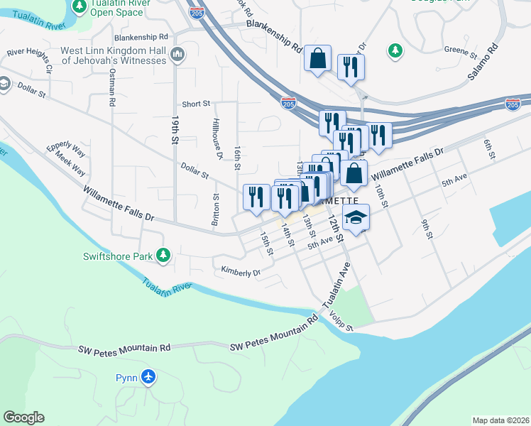 map of restaurants, bars, coffee shops, grocery stores, and more near 1616 Willamette Falls Drive in West Linn