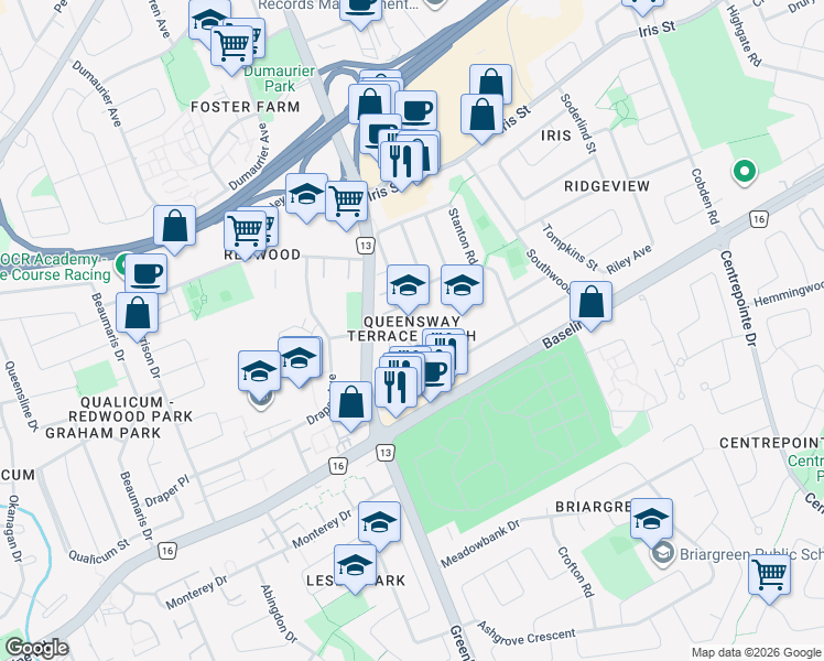 map of restaurants, bars, coffee shops, grocery stores, and more near 1300 Chemin McWatters in Ottawa