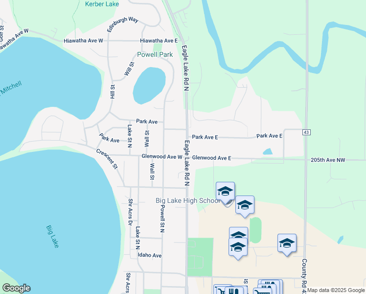 map of restaurants, bars, coffee shops, grocery stores, and more near 1041 Eagle Lake Road North in Big Lake