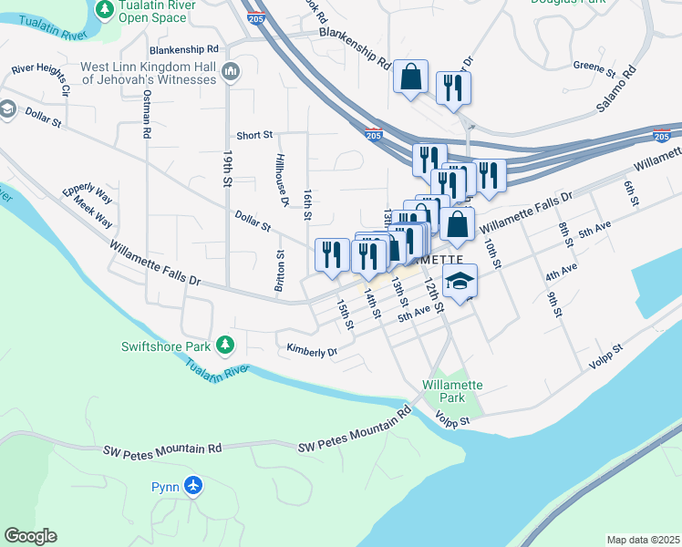 map of restaurants, bars, coffee shops, grocery stores, and more near 1671 Dollar Street in West Linn