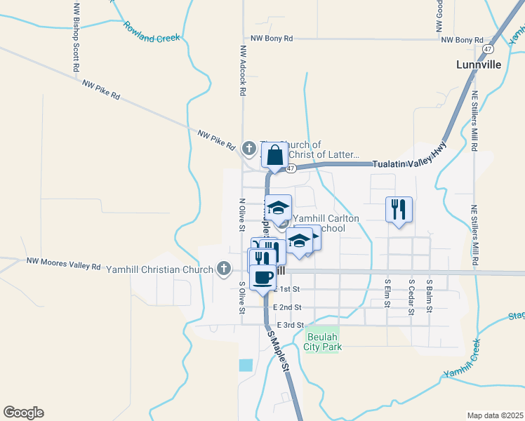 map of restaurants, bars, coffee shops, grocery stores, and more near 350 North Maple Street in Yamhill
