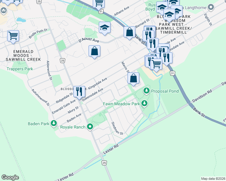 map of restaurants, bars, coffee shops, grocery stores, and more near 253 Parkin Circle in Ottawa