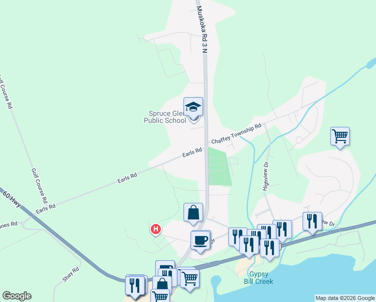 map of restaurants, bars, coffee shops, grocery stores, and more near 28 Earls Road in Huntsville