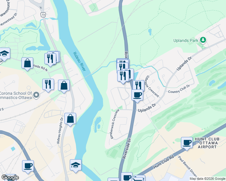 map of restaurants, bars, coffee shops, grocery stores, and more near 73 Malhotra Court in Ottawa