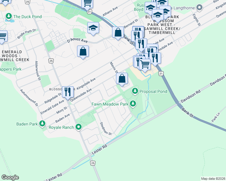 map of restaurants, bars, coffee shops, grocery stores, and more near 3217 Stockton Drive in Ottawa
