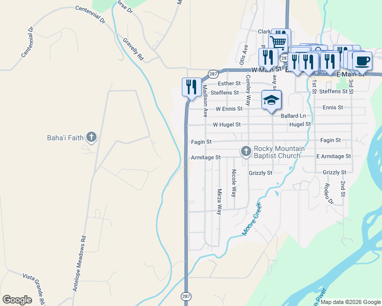 map of restaurants, bars, coffee shops, grocery stores, and more near 69 Highway 287 in Ennis