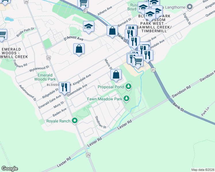 map of restaurants, bars, coffee shops, grocery stores, and more near 3217 Stockton Drive in Ottawa