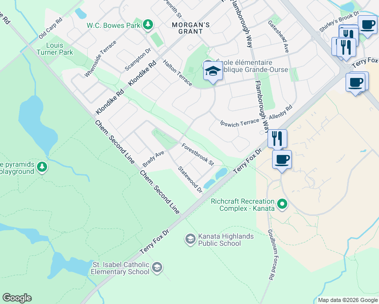 map of restaurants, bars, coffee shops, grocery stores, and more near 599 Malkowski Street in Ottawa
