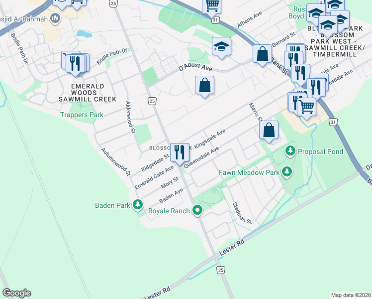 map of restaurants, bars, coffee shops, grocery stores, and more near 1437 Kingsdale Avenue in Ottawa