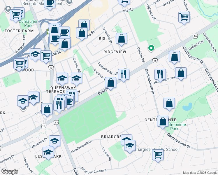 map of restaurants, bars, coffee shops, grocery stores, and more near 2380 Ottawa Regional Road 16 in Ottawa