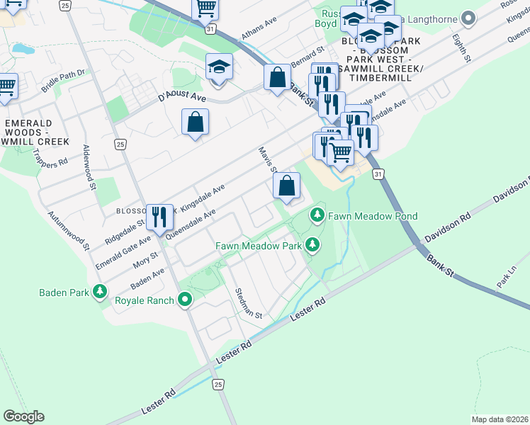 map of restaurants, bars, coffee shops, grocery stores, and more near 3219 Stockton Drive in Ottawa
